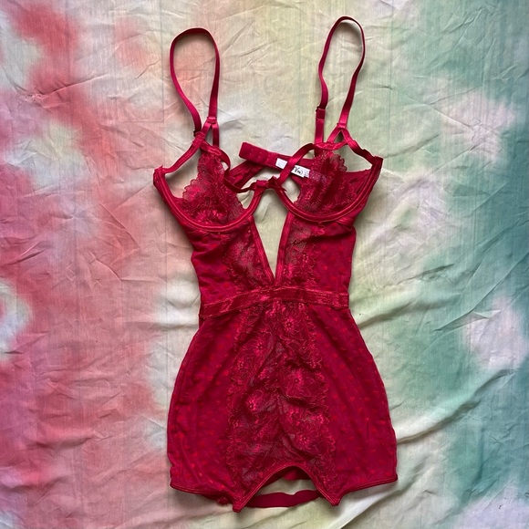 Love,Vera Red Lace Cross Strap Open Cup Chemise Lingerie ❤️ - Picture 5 of 10